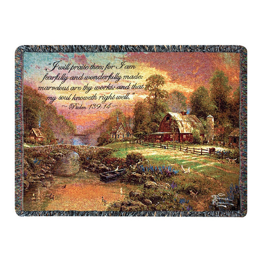 Thomas Kincade-Sunset At Riverbend w/ Verse Tapestry Throw 50"x60" 100% Cotton