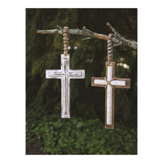 Wood Cross With Beads - Whitewash color