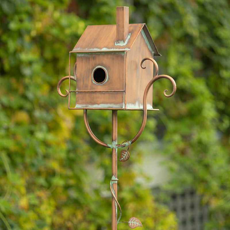 63 inch Tall Colonial Style Birdhouse Garden Stake in Antique Copper