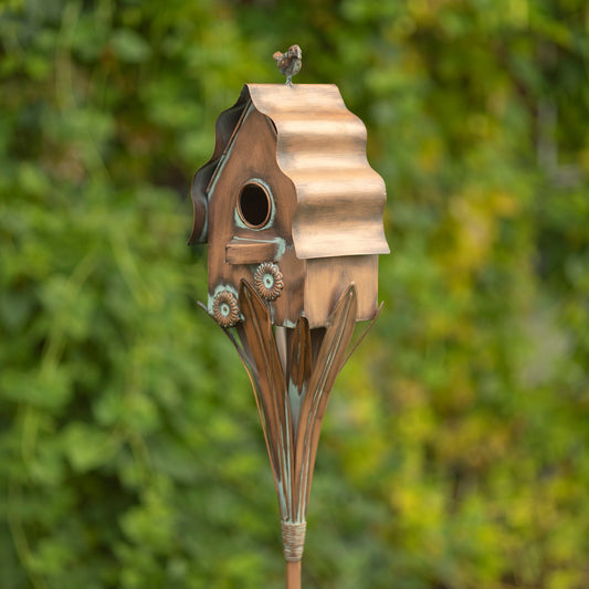 62.6 inch Tall Cottage Style Birdhouse Garden Stake in Antique Copper