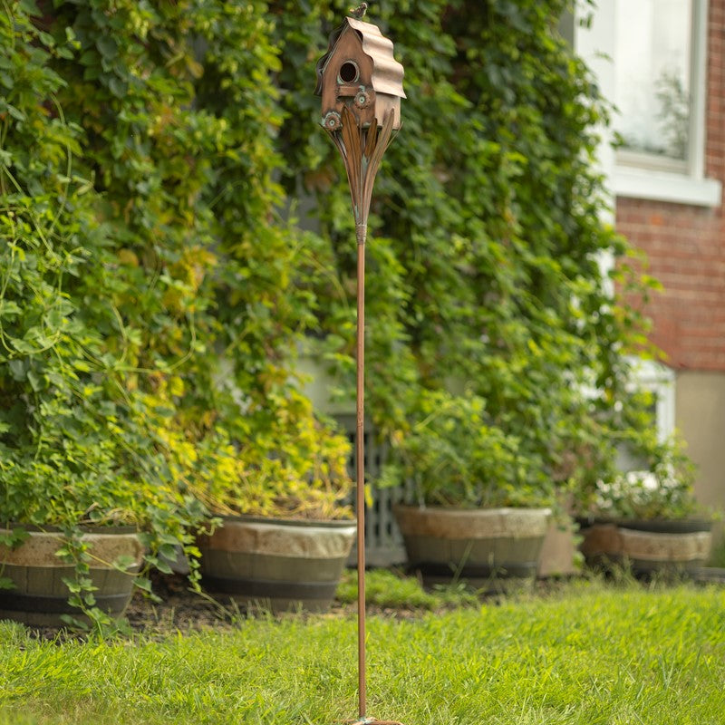 62.6 inch Tall Cottage Style Birdhouse Garden Stake in Antique Copper