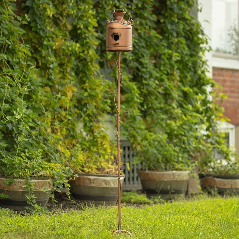 63 inch Tall Old Style Milk Can Birdhouse Garden Stake in Antique Copper