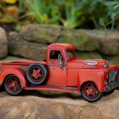 Vintage Style Iron Pickup Truck in Red with Red Rims