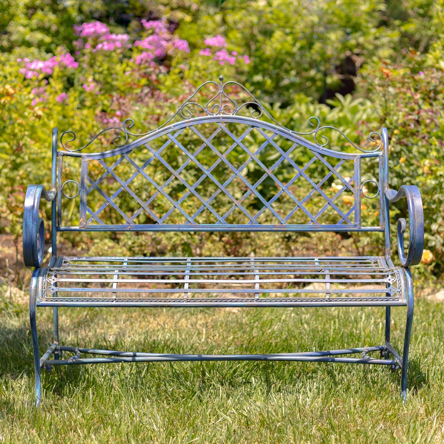 Stephania Victorian-Style Iron Garden Bench in Antique Blue