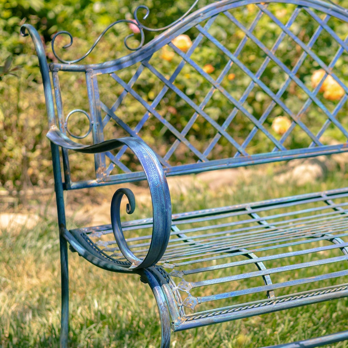 Stephania Victorian-Style Iron Garden Bench in Antique Blue