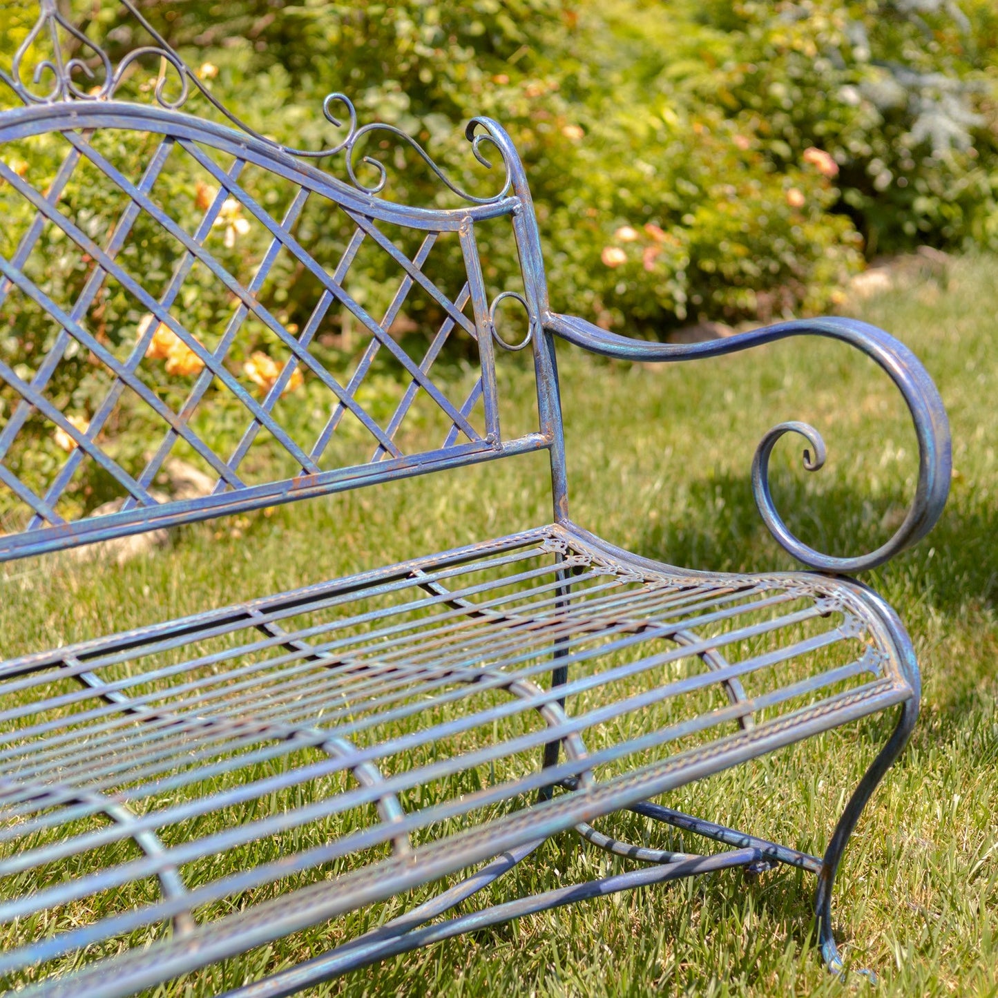 Stephania Victorian-Style Iron Garden Bench in Antique Blue