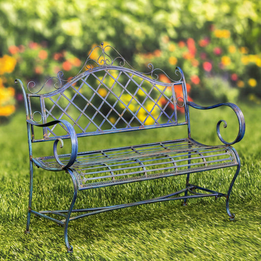 Stephania Victorian-Style Iron Garden Bench in Antique Blue