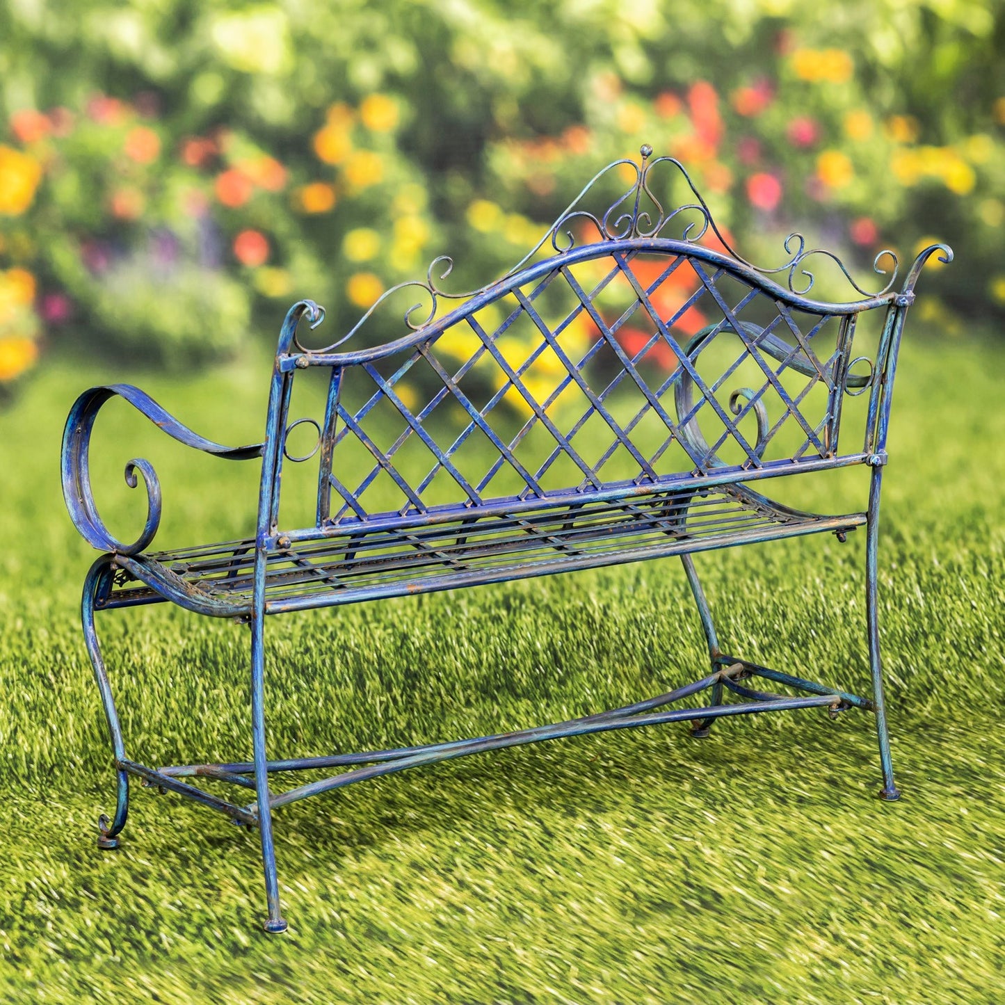 Stephania Victorian-Style Iron Garden Bench in Antique Blue