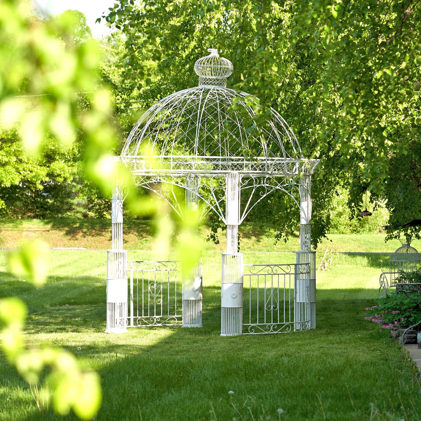 Zina Large Round Iron Garden Gazebo in Antique White