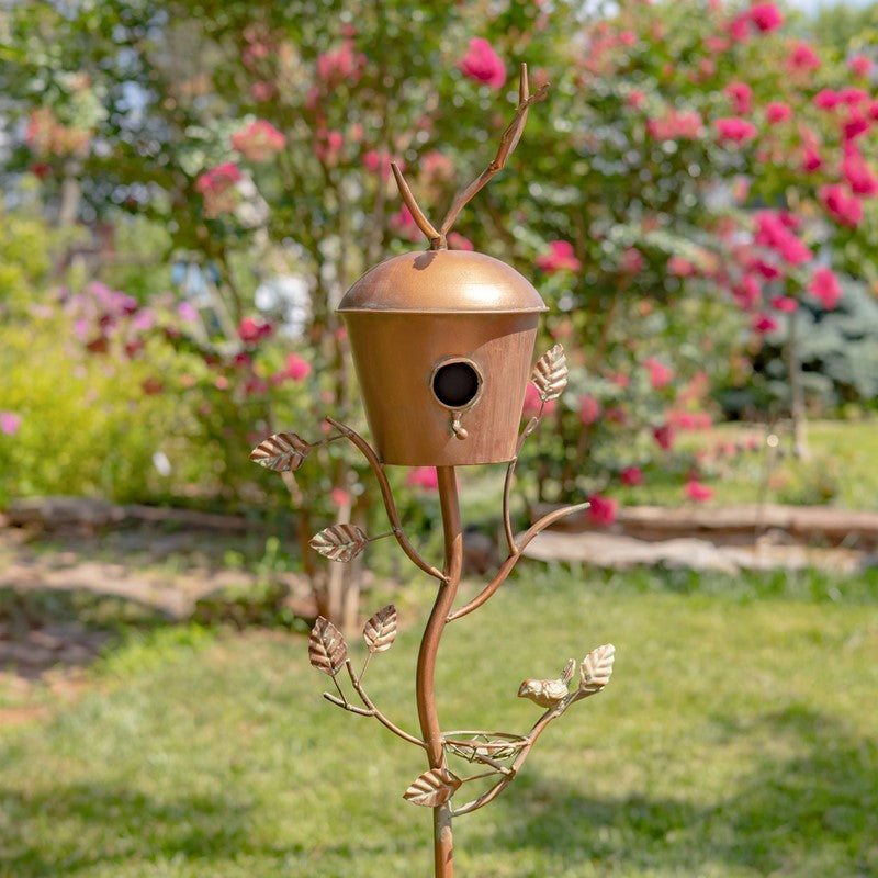 Antique Copper Finished Iron Birdhouse Stake with Dome Roof