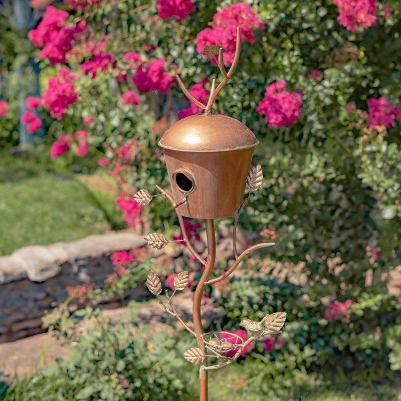 Antique Copper Finished Iron Birdhouse Stake with Dome Roof