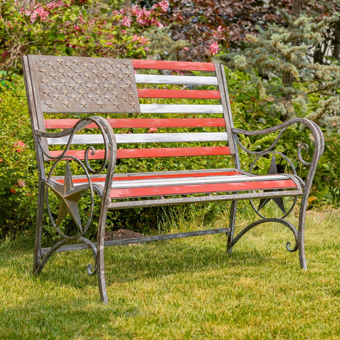 Proud to Be an American Flag Iron Garden Bench