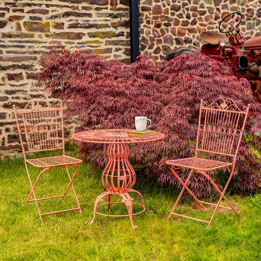 Three Piece Metal Bistro Set with Two Folding Chairs & One Round Table in Antique Pink