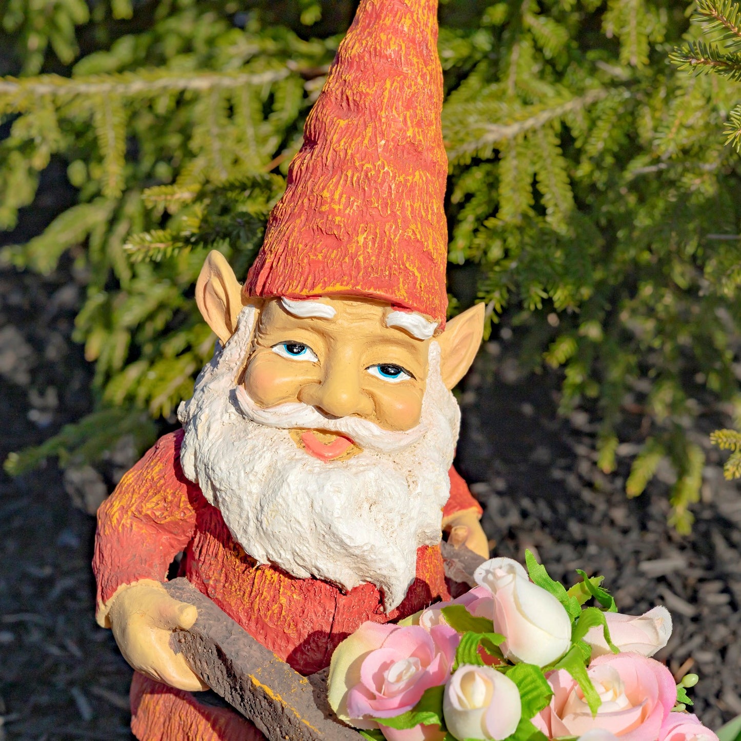 17" Tall Spring Gnome Garden Statue with Wheelbarrow