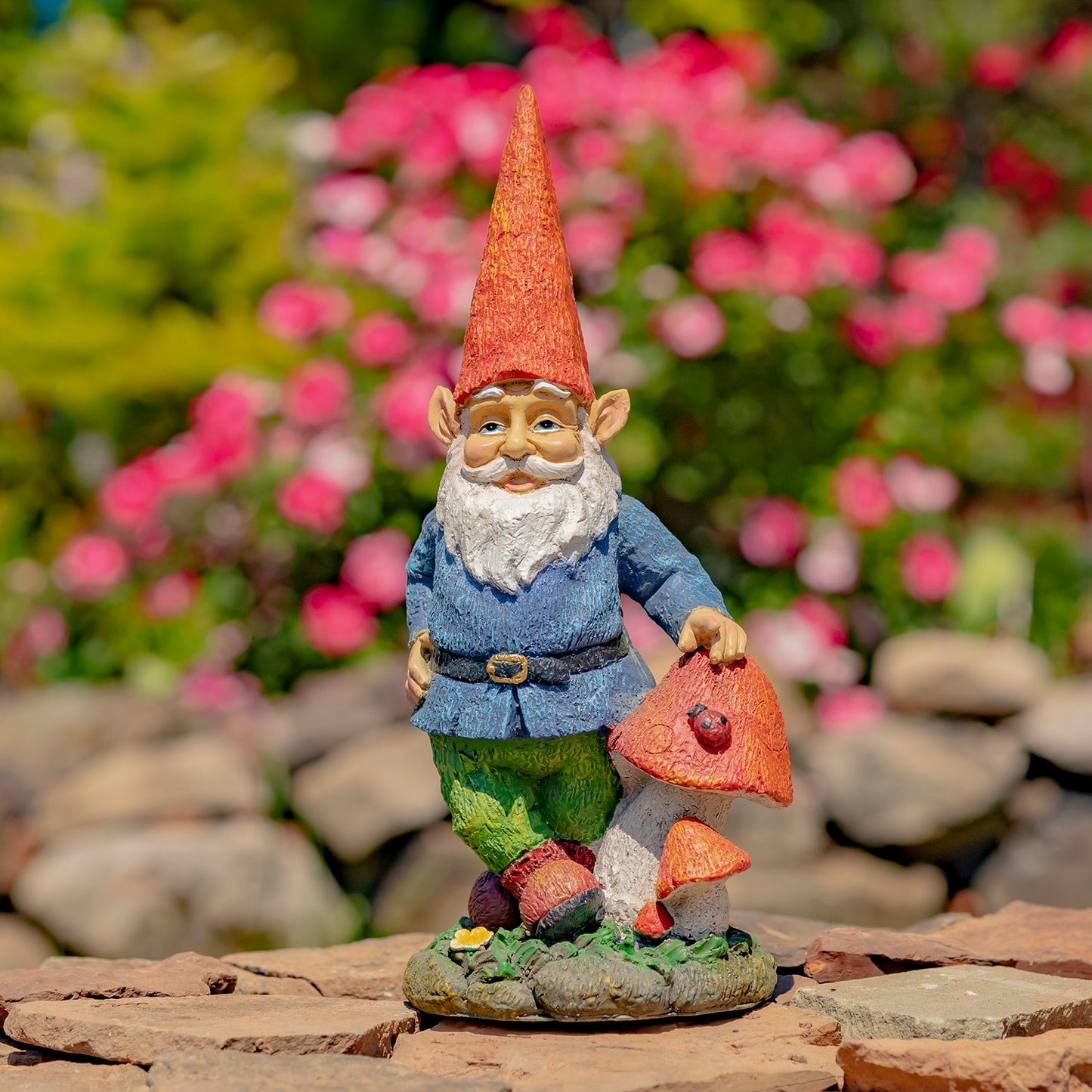 16" Tall Spring Gnome Garden Statue with Mushrooms