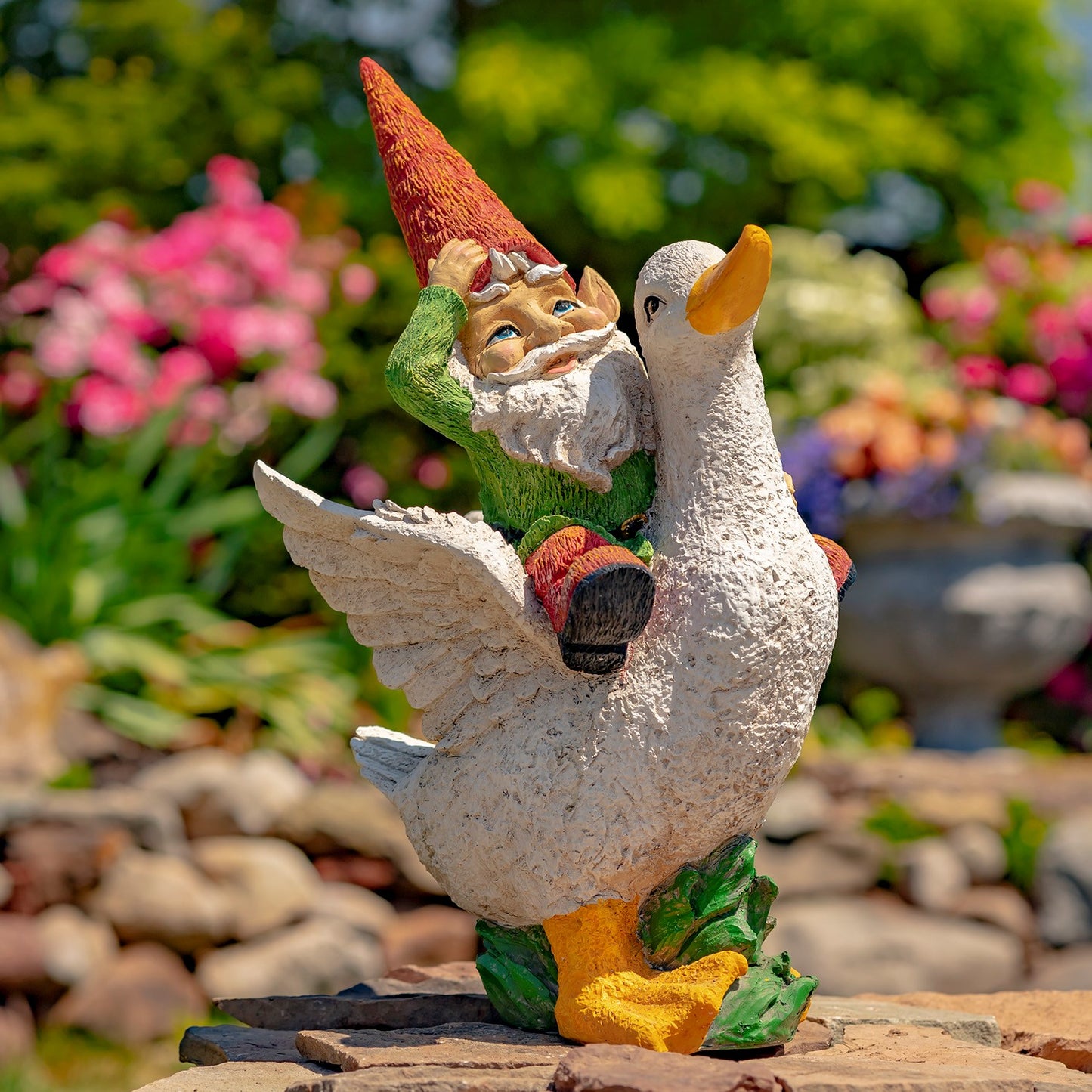 23" Tall Spring Gnome Garden Statue Riding a Duck