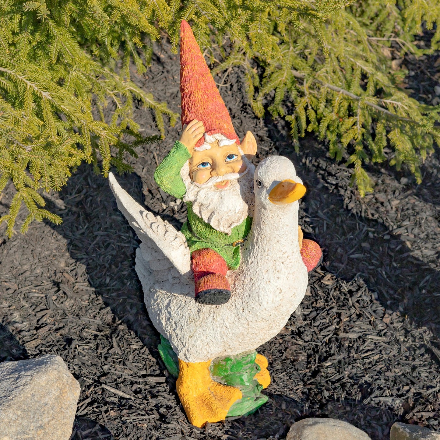 23" Tall Spring Gnome Garden Statue Riding a Duck