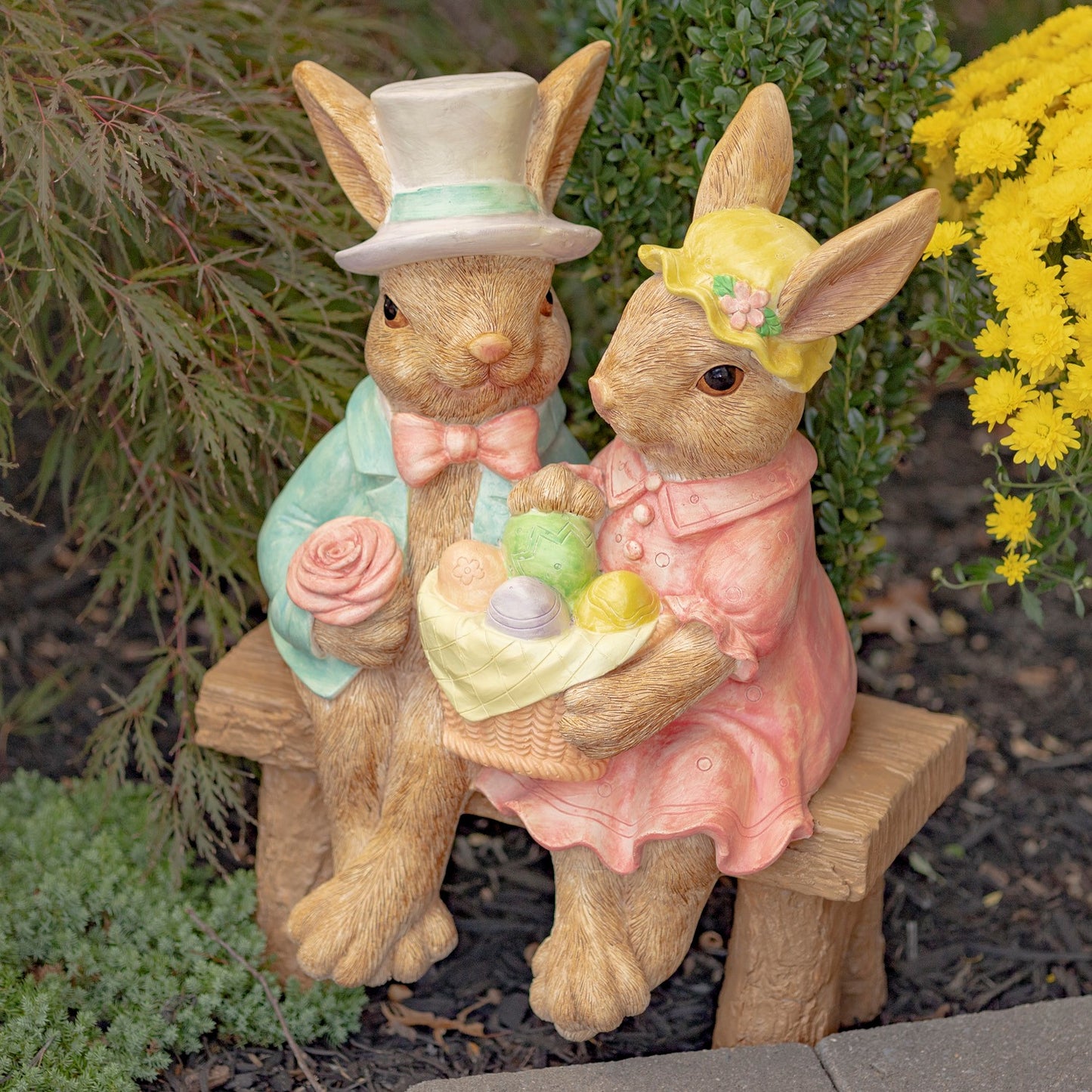 22" Tall Fancy Rabbit Couple Sitting on Bench Magnesium Garden Statue