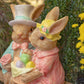 22" Tall Fancy Rabbit Couple Sitting on Bench Magnesium Garden Statue