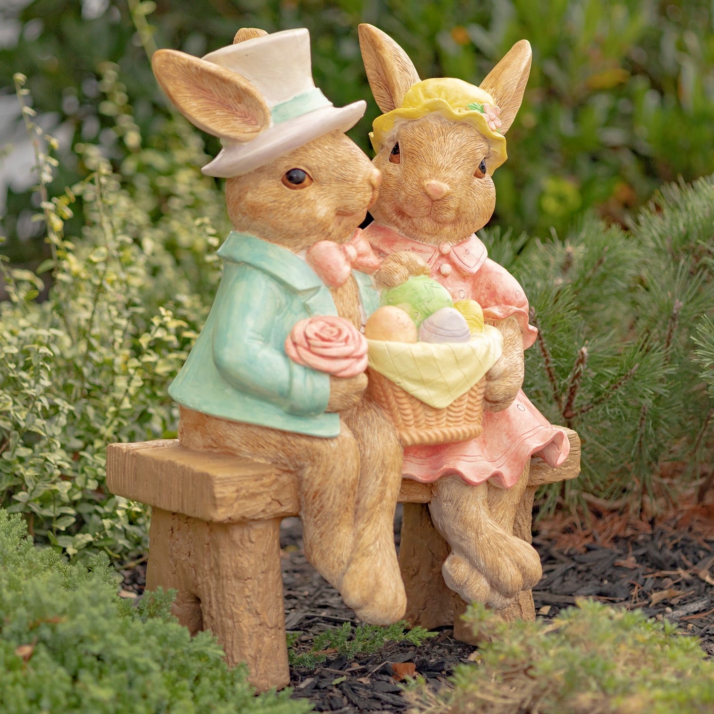 22" Tall Fancy Rabbit Couple Sitting on Bench Magnesium Garden Statue