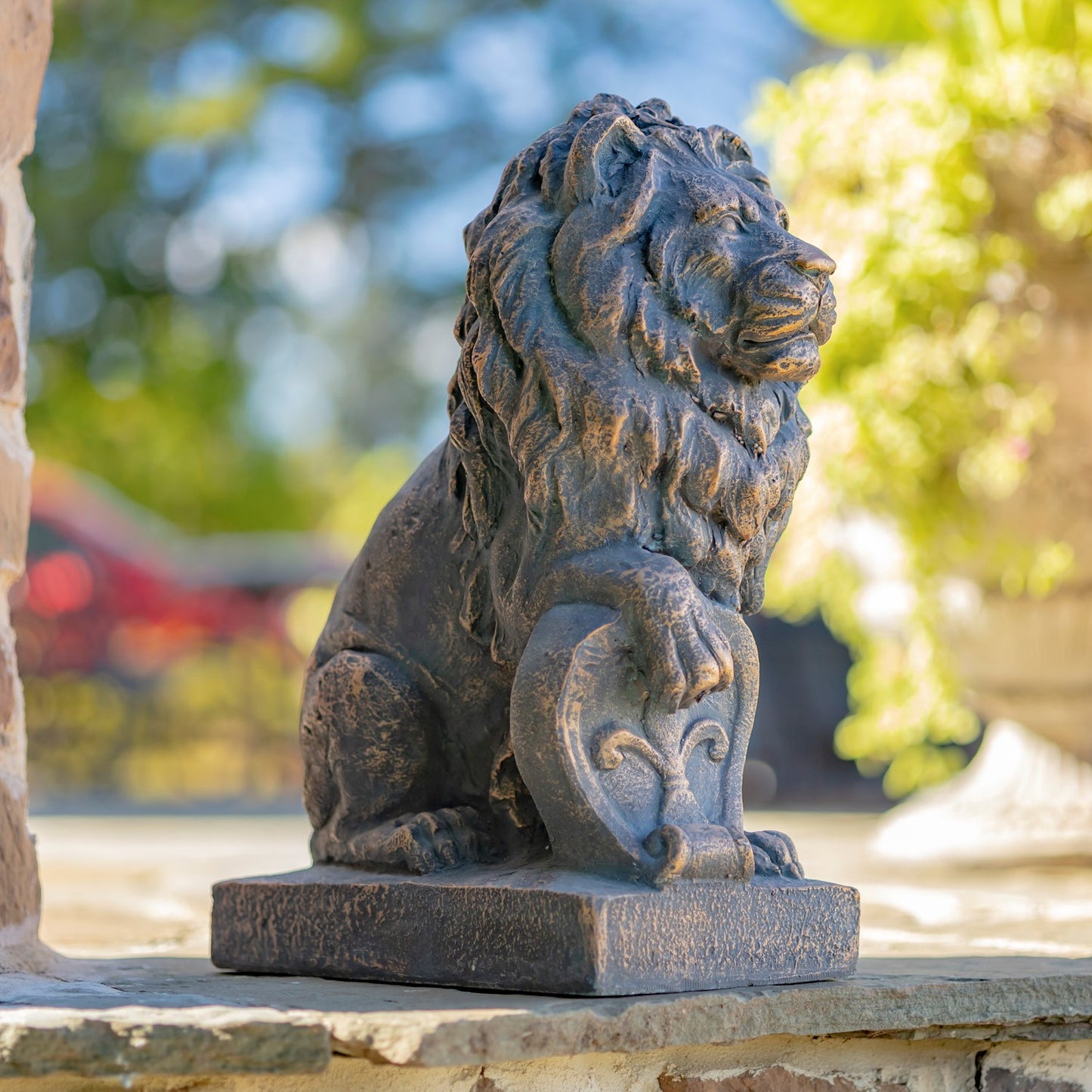 21" Tall Set of 2 Antique Bronze Lion Sentry Statues with Fleur-De-Lis Harold & Leo