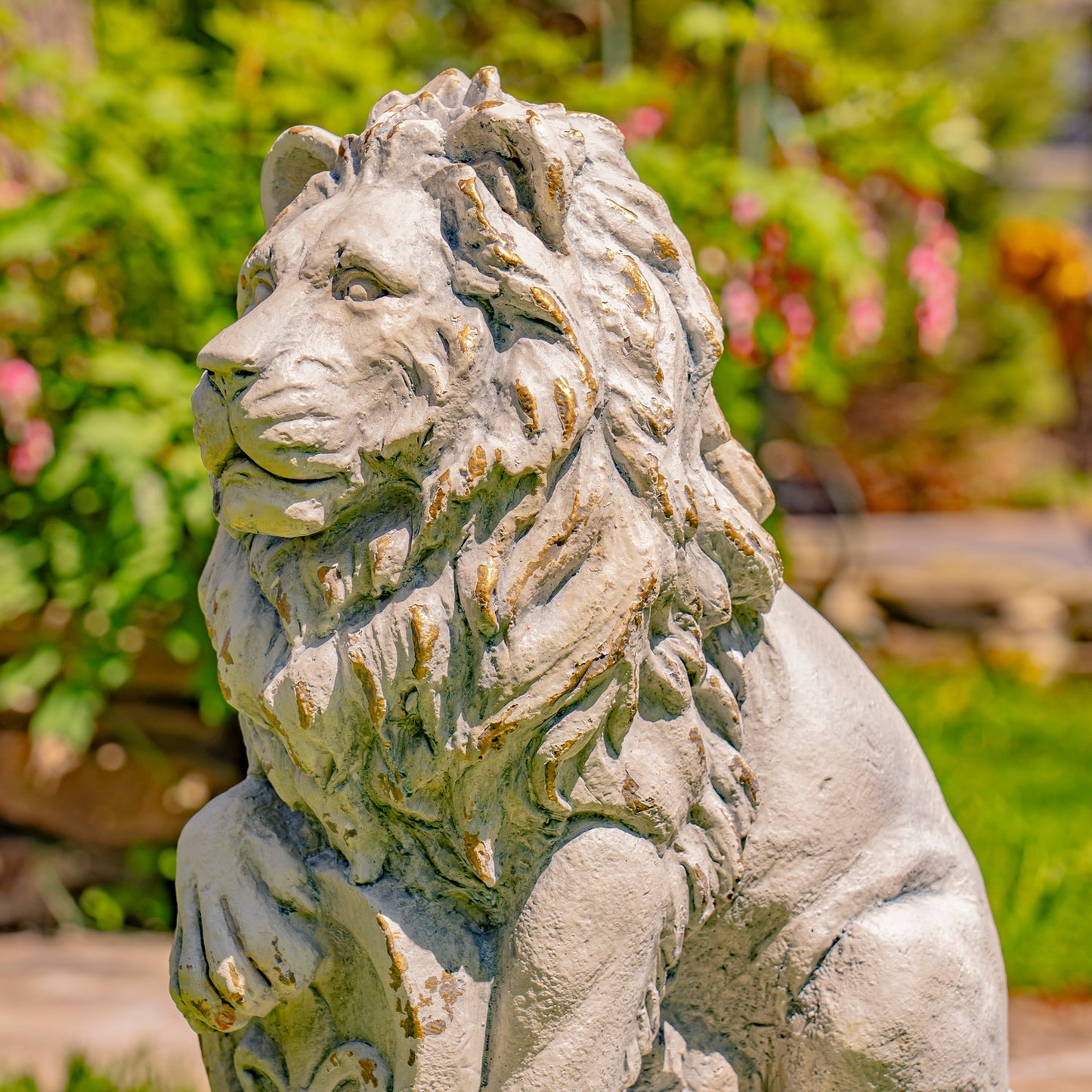 21" Tall Set of 2 Antique Grey Lion Sentry Statues with Fleur-De-Lis Harold & Leo