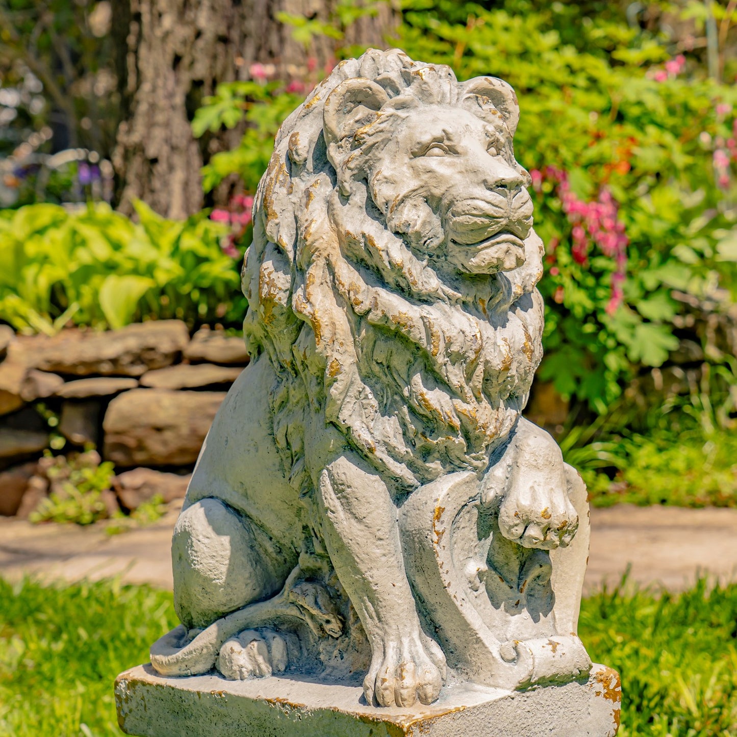 21" Tall Set of 2 Antique Grey Lion Sentry Statues with Fleur-De-Lis Harold & Leo