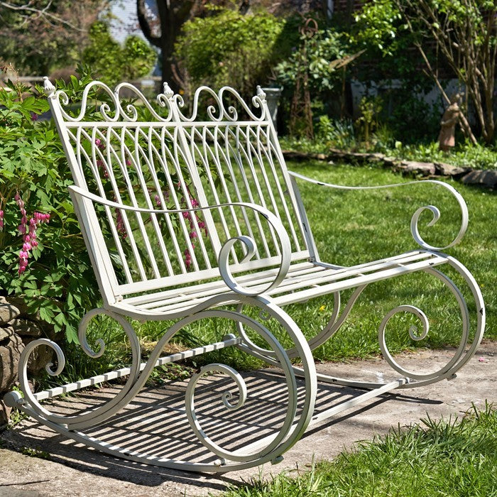 Tatiana Iron Rocking Garden Bench in Antique White