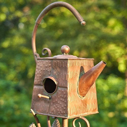 Antique Copper Teapot Birdhouse Garden Stake Square Teapot