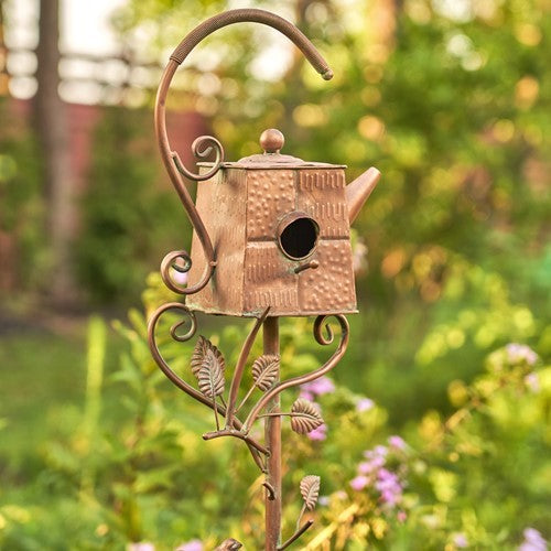 Antique Copper Teapot Birdhouse Garden Stake Square Teapot