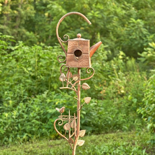 Antique Copper Teapot Birdhouse Garden Stake Square Teapot