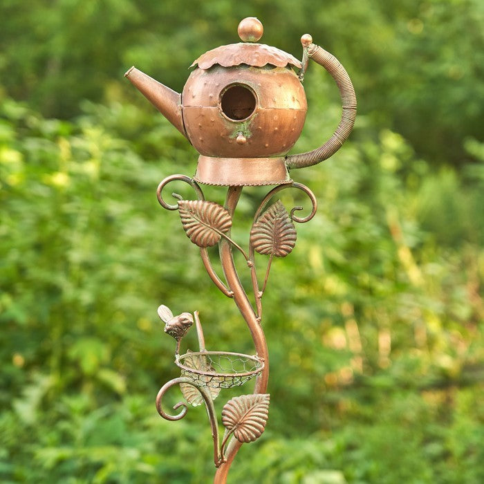 Antique Copper Teapot Birdhouse Garden Stake Victorian Style Teapot