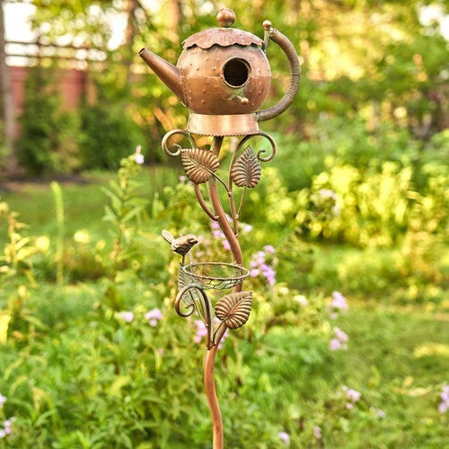 Antique Copper Teapot Birdhouse Garden Stake Victorian Style Teapot