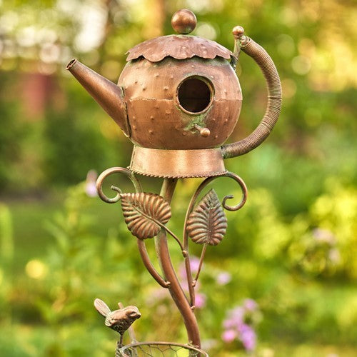 Antique Copper Teapot Birdhouse Garden Stake Victorian Style Teapot